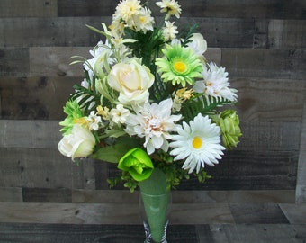 Spring Green White Beige Cemetery Cone Floral Arrangement for Gravesite