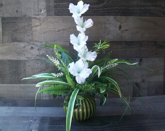 Green & White Spring All Occasion Floral Arrangement Centerpiece in Round Glass Vase
