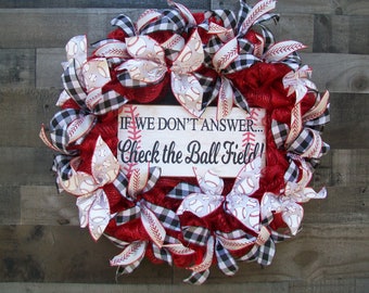 Baseball Red Buffalo Plaid Front Door Mesh Wreath