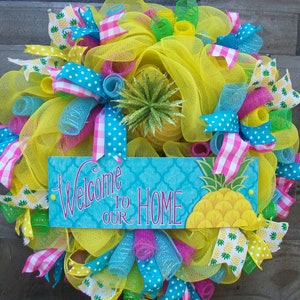 Bright Yellow Multicolored Spring Summer Whimsical Pineapple Mesh Wreath