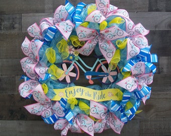 Enjoy the Ride Bicycle Ribbon Mesh Spring Summer Whimsical Multicolor Front Door Wreath