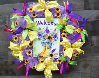 Spring Lavender Purple Pink Green Bright Colorful Mesh Wreath