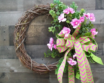 Spring Natural Grapevine Pink & Green Cherry Blossom Wreath