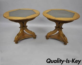 Vintage Pair of Slate Top Walnut Regency Style Low End Tables Pedestal Base 22"H