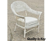 Antique Victorian Wicker Rattan Sunroom Patio Lounge White Arm Chair Furniture
