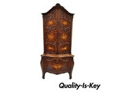 French Louis XV Style Small Walnut Satinwood InLay Corner Curio China Cabinet