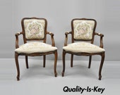 Pair of Vintage French Louis XV Style Floral Tapestry Fabric Chairs Armchairs
