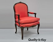 Vintage French Louis XV Style Red Upholstered Walnut Bergere Fauteuil Arm Chair