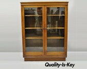 Antique Walnut Two Glass Door Small Adjustable Shelf Bookcase Display Cabinet