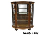 Antique Cowperthwait Tiger Oak Triple Bow Front Glass China Cabinet Curio Figural Lion Paw Feet