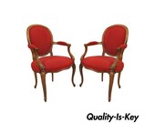 Pair of Baker French Country Louis XV Style Arm Chairs Oval Upholstered Back Vintage