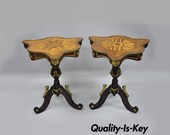 Louis XV French Style Reproduction Marquetry Inlay Side Tables Bronze Figures - A Pair