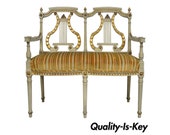 French Louis XVI Neoclassical Style Lyre Harp Back Gold and Cream Settee Bench