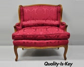 French Country Louis XV Style Carved Mahogany Burgundy Wingback Settee Sofa