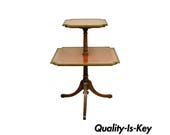 Vintage English Mahogany Tooled Leather Top Dumbwaiter Two Tier Accent End Table