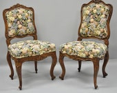 Antique Pair of French Louis XV Style Carved Walnut Upholstered Side Chairs