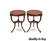 Pair of Vintage French Regency Round Leather Top Mahogany Plume End Lamp Tables