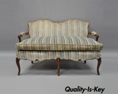Vintage French Country Louis XV Provincial Style Small Settee Loveseat Wood Sofa