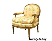 Vintage French Louis XVI Style Carved Walnut Bergere Boudoir Lounge Arm Chair