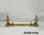Antique French Louis XVI Brass Bronze Flame Finial Andirons w Adjustable Fender