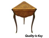 French Louis XV Style Satinwood Inlay Drop Leaf Side Table w Bronze Ormolu