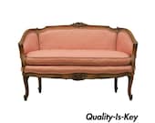 Small French Country Louis XV Style Carved Walnut Pink Settee Loveseat Sofa