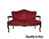 Early 20th C. French Louis XV Style Shell Carved Mahogany Sofa Settee Red Fabric