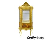 French Louis XV Gold Gilt Wood Vernis Martin Curved Glass Vitrine Curio Cabinet