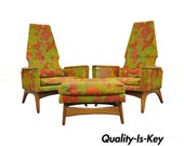 Pair Kroehler High Back Adrian Pearsall Style Walnut Lounge Chairs and Ottoman