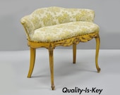French Louis XV Style Yellow Distress Painted Kidney Bean Vanity Chair Bench