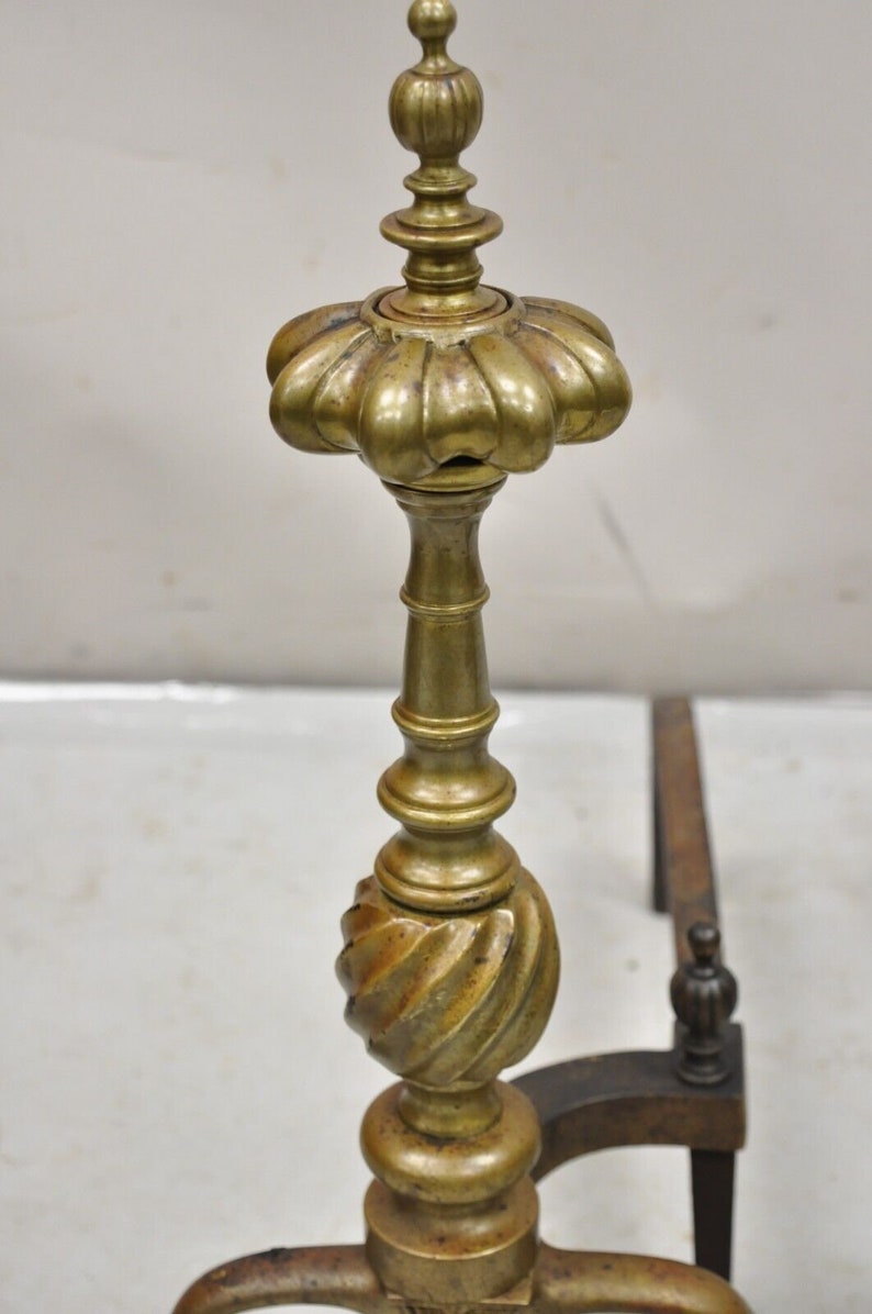 Antique French Empire Style Bronze Brass Spiral Column Andirons a Pair image 7