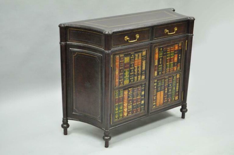 Maitland Smith Tooled Leather Faux Book Commode Demilune Console Table Cabinet - Mercury Demilune Sofa Table Maitland Smith Tooled Leather Faux Book Commode Demilune Console Table Cabinet - Mercury Demilune Sofa Table