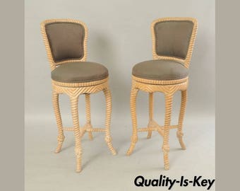 Pair of Italian Carved Wood Rope & Tassel Swivel Bar Stools Chairs Barstools Vintage