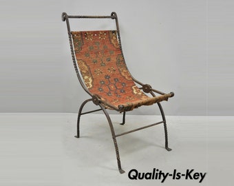 19th Century Hand Wrought Iron Renaissance Savonarola Carpet Sling Side Chair