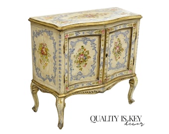19th C. Italian Venetian Hand Painted Demilune Buffet Cabinet with 3 Drawers