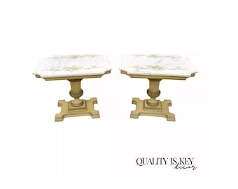 Vintage French Provincial Style Marble Top Wood Urn Base Side Tables - a Pair