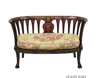 Antique Victorian Carved Mahogany Paw Foot Barrel Back Settee Loveseat Sofa