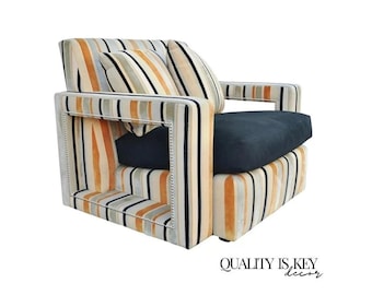 Hollywood Regency Modern Striped Upholstered Wide Lounge Club Movie Arm Chair