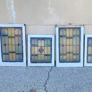 Antique Art Deco Leaded Stained Glass Pink Green Blue Yellow Windows - (2) Pair