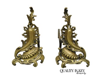 Antique French Rococo Baroque Style Brass Leafy Acanthus Andirons - a Pair