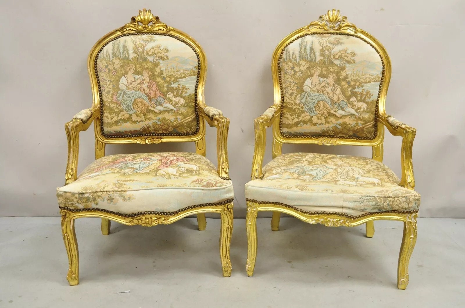 Vintage French Louis XV Style Gold Giltwood Tapestry Fabric