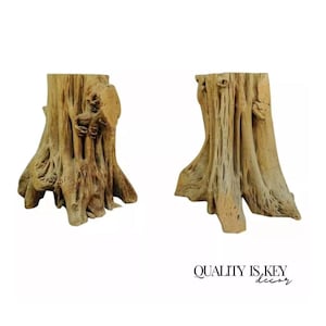 May include: Two wooden tree stump side tables with a natural brown finish. The tables have a unique, rustic look with intricate details and a rough texture.