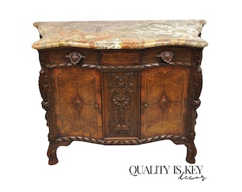 French Louis XV Baroque Style Carved Burl Walnut Rouge Marble Top Commode Server