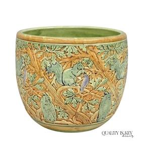 Weller Clinton Art Pottery Green Glazed Squirrel & Acorn Planter Jardinière