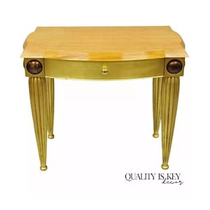 Italian Hollywood Regency Curly Maple Gold Gilt Leaf 1 Drawer Console Hall Table