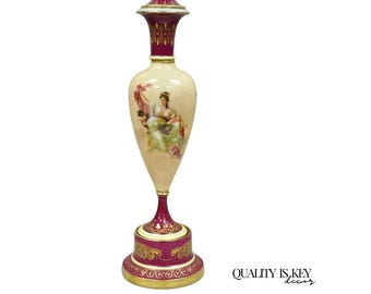 Antique Royal Vienna Austrian Porcelain 21" Hand Painted Red Urn Vase with Lid