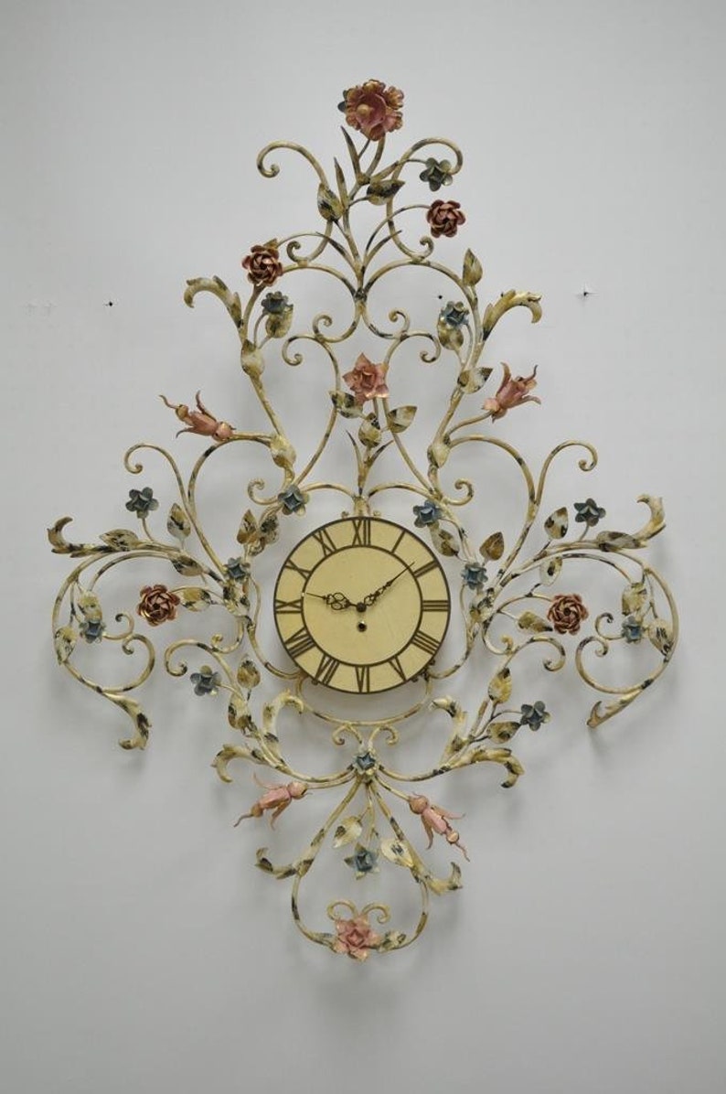 Vintage 3 Piece Wall Clock Sconce Set Floral Shabby Tole Etsy