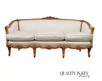 Antique French Louis XV Style Carved Walnut Gold Upholstered Sofa Canape