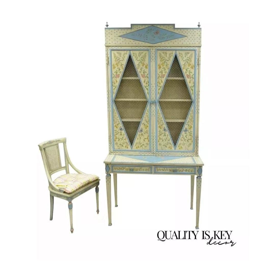 Vintage Chinoiserie Butterfly & Bird Custom Painted Tall Secretary Desk and Chair