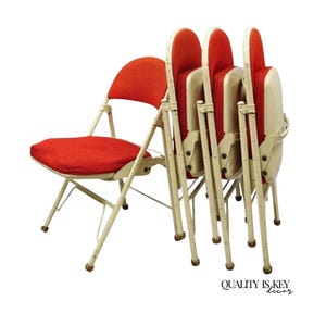 Vintage American Seating Metal Frame Red Upholstered Folding Chairs - Set of 4